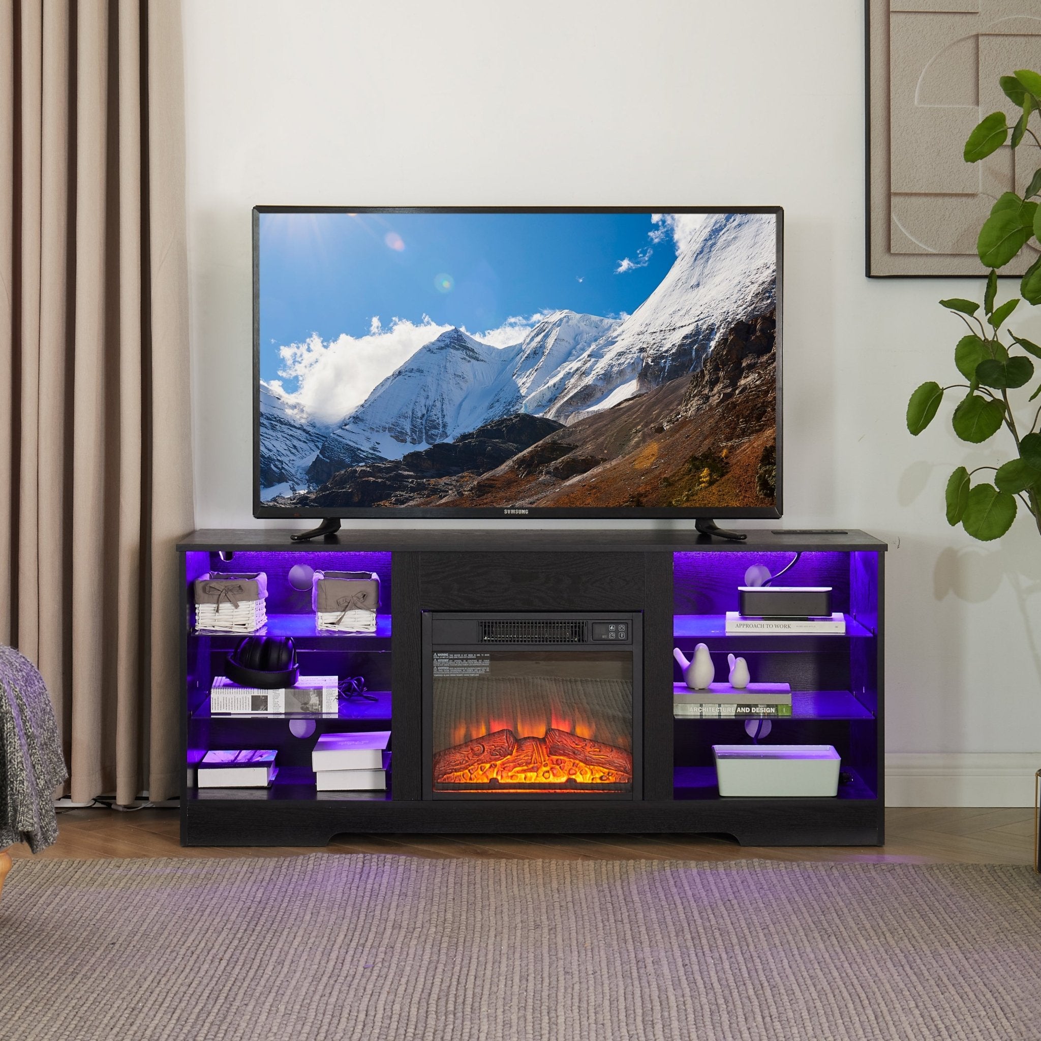 Electric fireplace TV stand in studio black wood finish with storage compartments, by Anthony & Home.