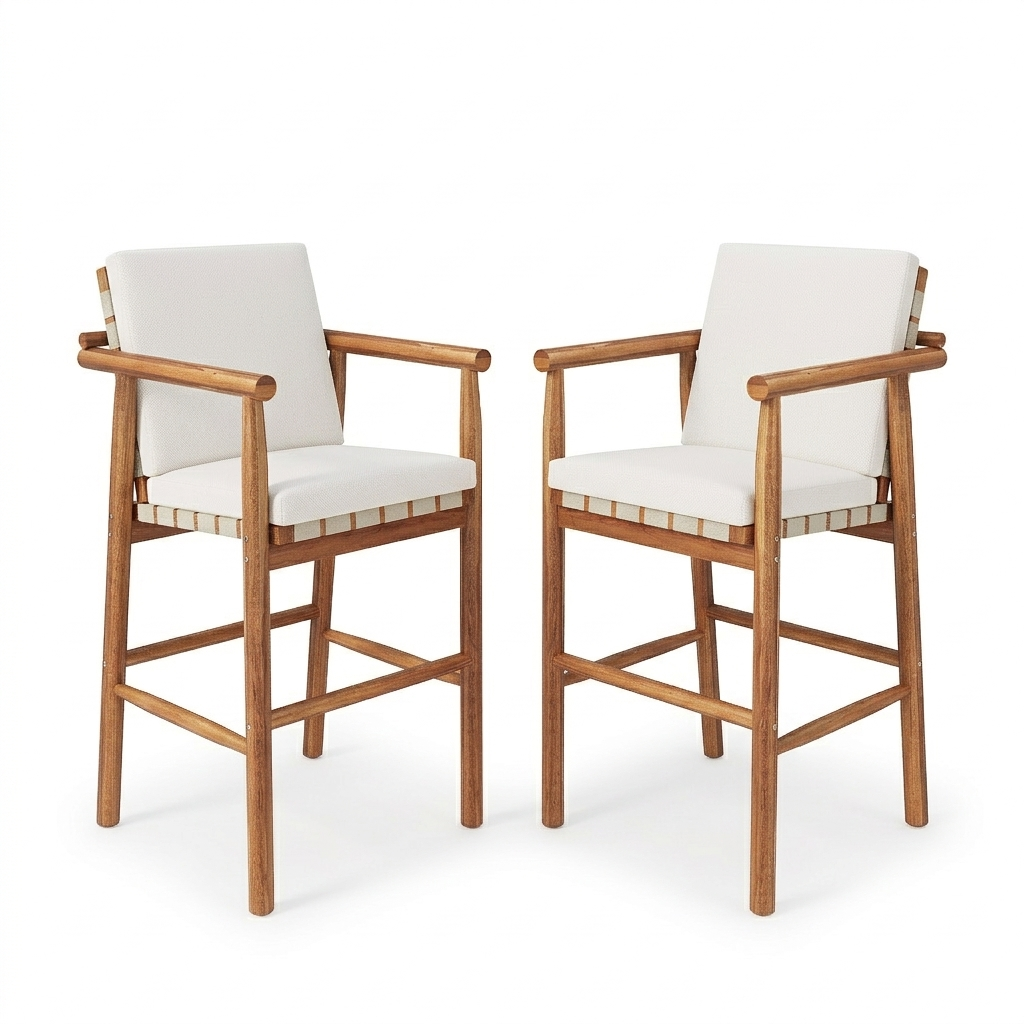 Set of two Anthony & Home Acacia outdoor counter stools with backrests, featuring natural wood finish and sturdy design for outdoor seating.