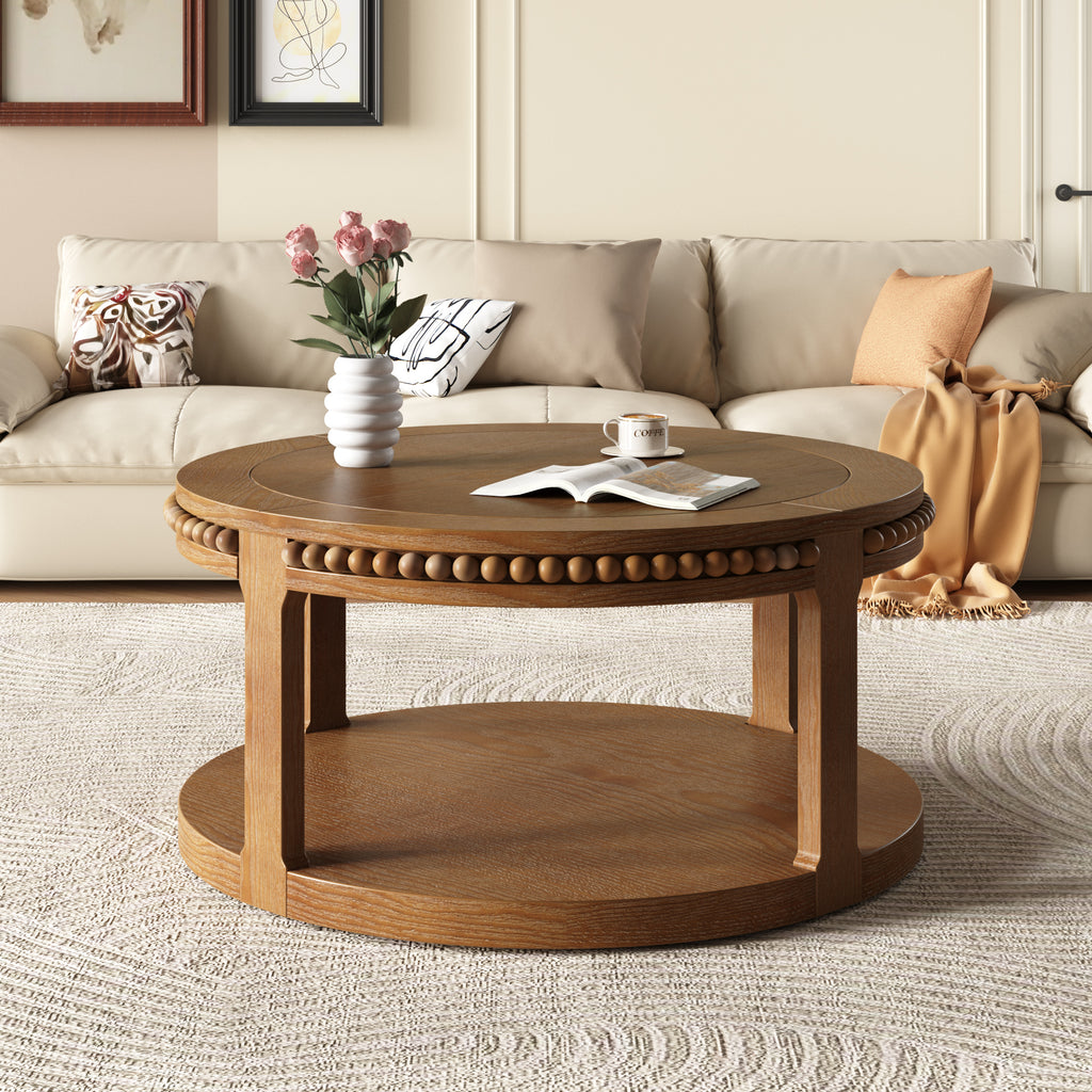 Anthony & Home Studio Walnut Round Coffee Table with two-tier solid wood design and natural finish.