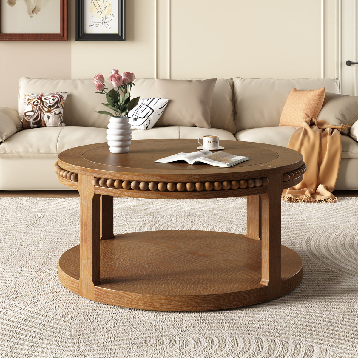 Anthony & Home Studio Walnut Round Coffee Table with two-tier solid wood design and natural finish.