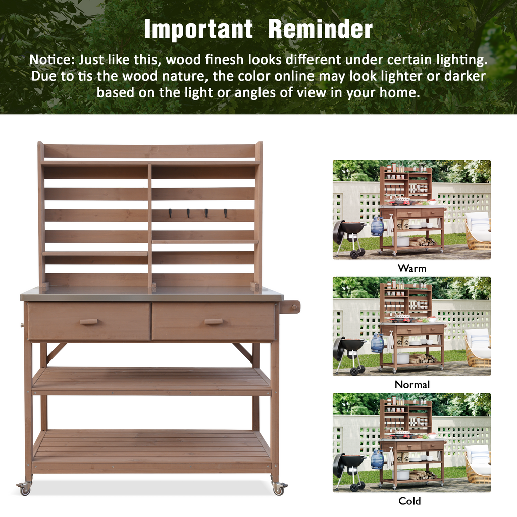 Anthony & Home Signature outdoor potting bench with stainless steel top, featuring work surface and storage space for gardening.