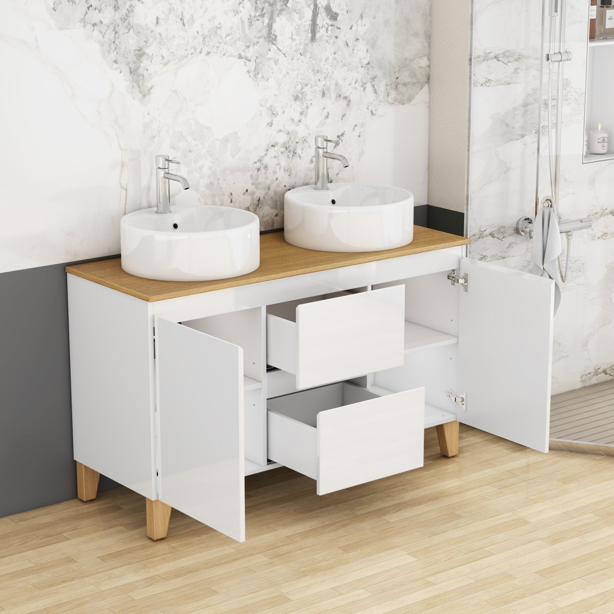 Anthony & Home 47-inch modern bathroom vanity with two ceramic basins, soft-close doors, large drawers, handle-free design in glossy white