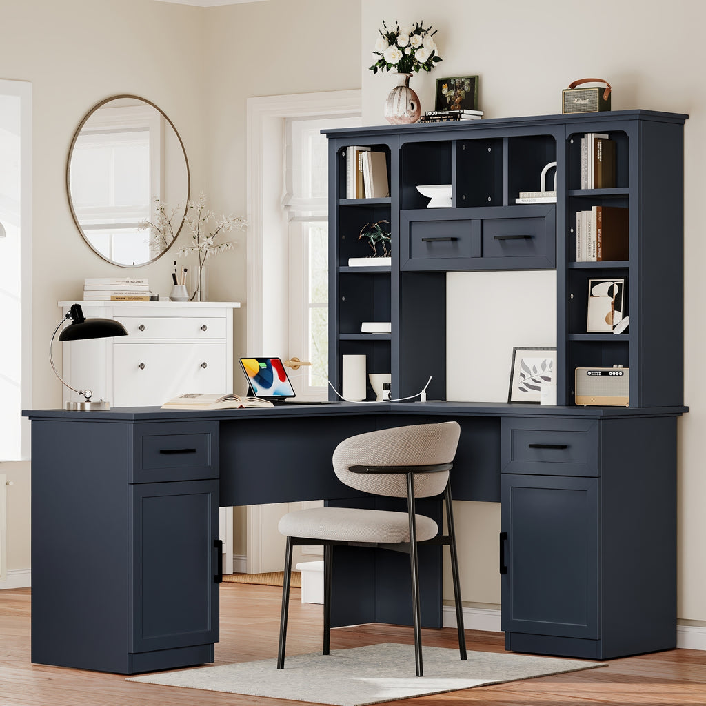L-shaped Anthony & Home Atelier collection desk with power outlet, 2 cabinets, 2 drawers, 11 shelves, and a right flip shelf.