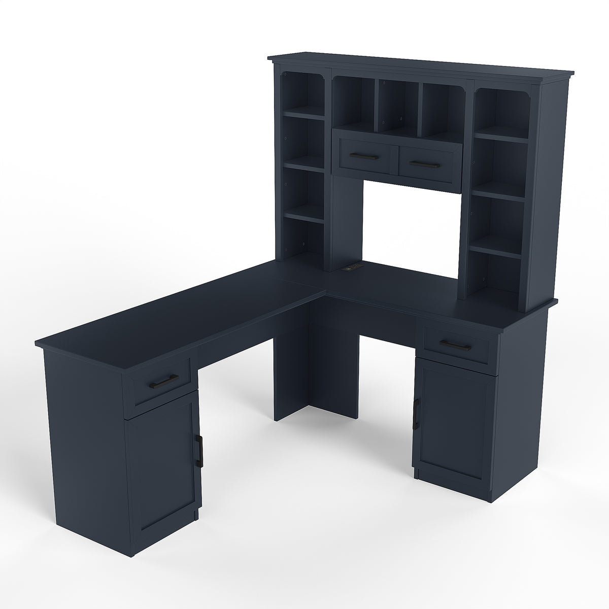 L-shaped Anthony & Home Atelier desk with power outlet, cabinets, drawers, shelves, and a flip shelf in a modern office setup.