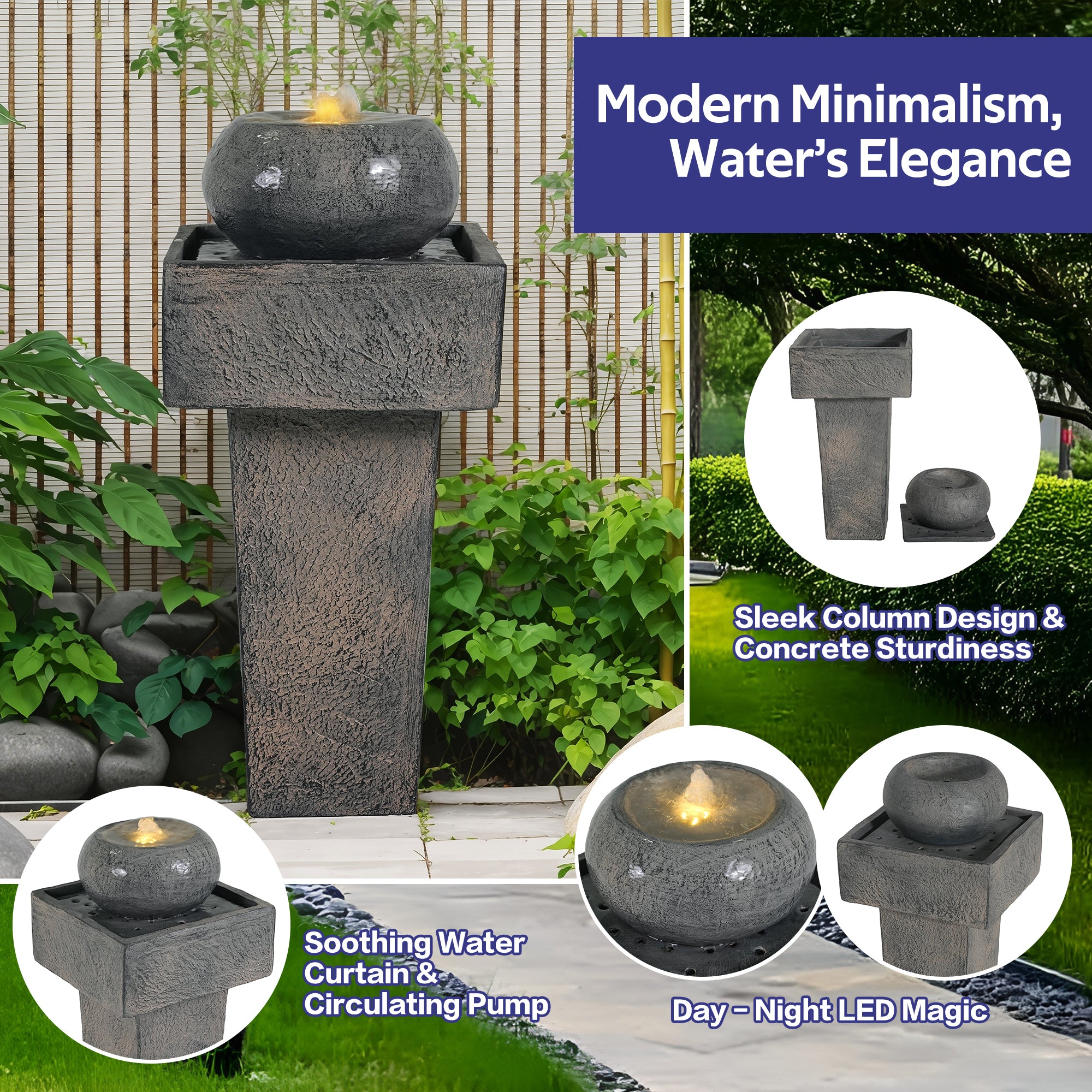 Anthony & Home Signature Concrete Column Fountain with integrated lighting, featuring a tall, elegant concrete design for outdoor decor.