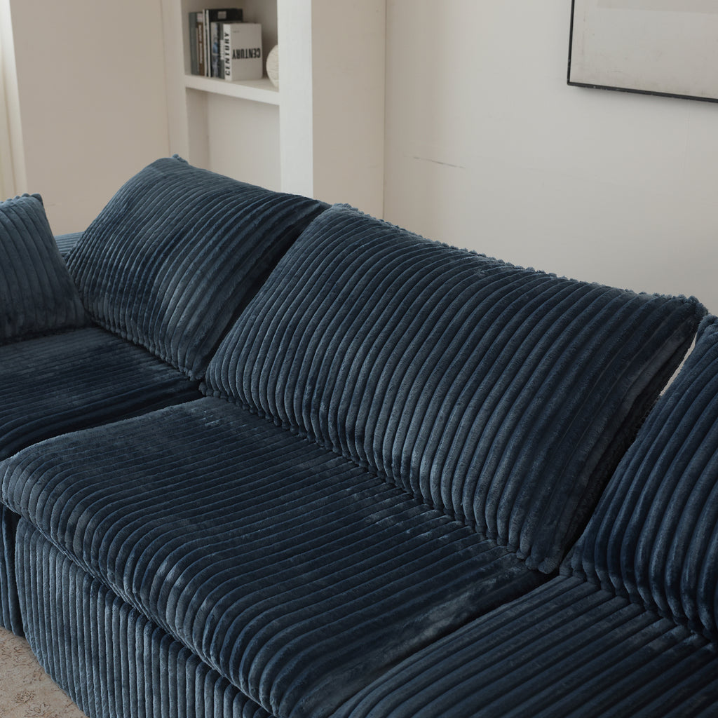 Blue Anthony & Home corduroy Cloud Sofa with deep seat and removable cushions from the Atelier Collection in a cozy living room setting.