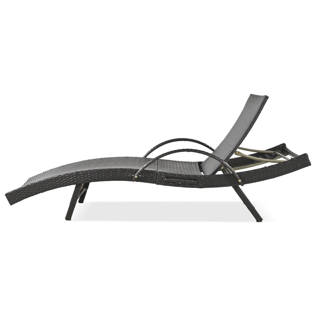 Anthony & Home outdoor wicker chaise lounges set with pull-out side table and adjustable backrests in dark brown wicker.