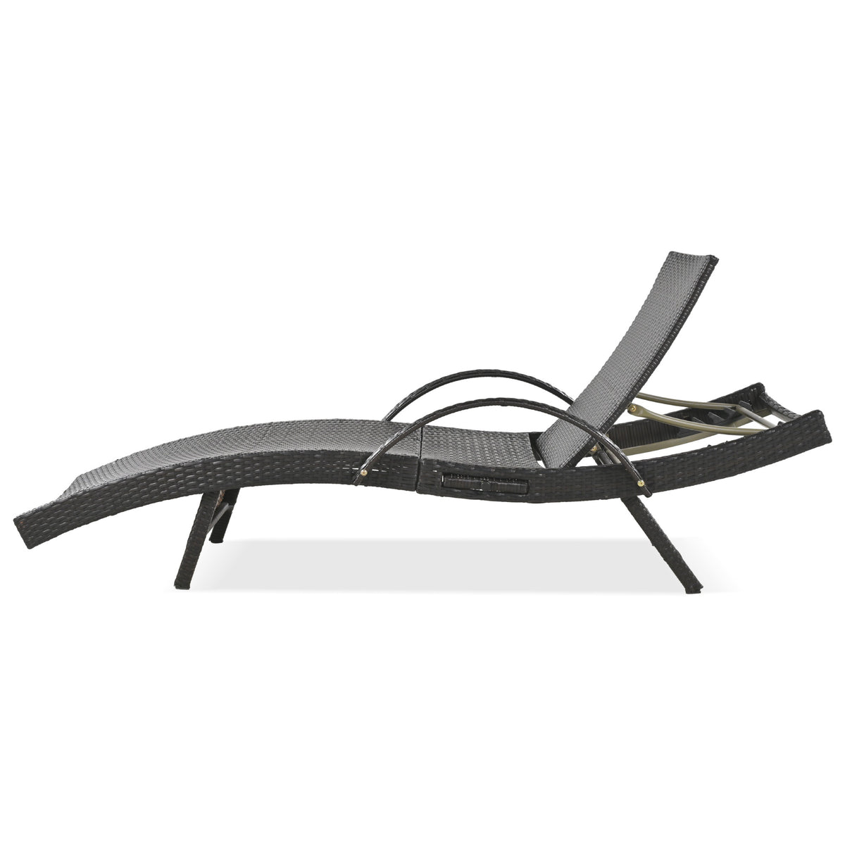 Anthony & Home outdoor wicker chaise lounges set with pull-out side table and adjustable backrests in dark brown wicker.