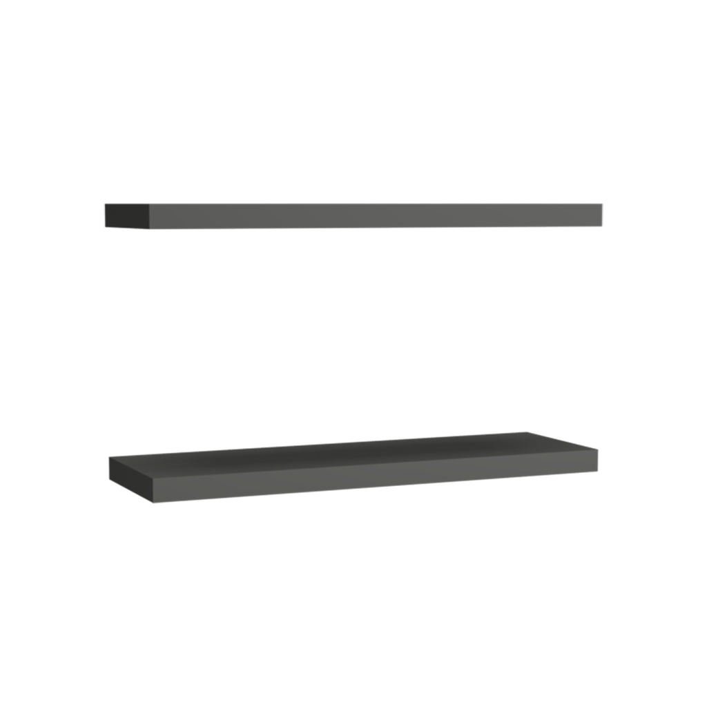Matte gray Anthony & Home Studio two-tier floating shelves mounted on a wall, showcasing modern storage and display space.