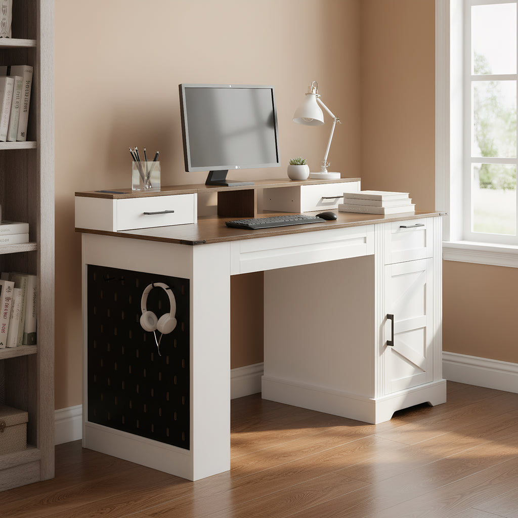 Anthony & Home Studio Barn Door Desk with storage, charging station, and modern design featuring sliding barn door style and workspace.