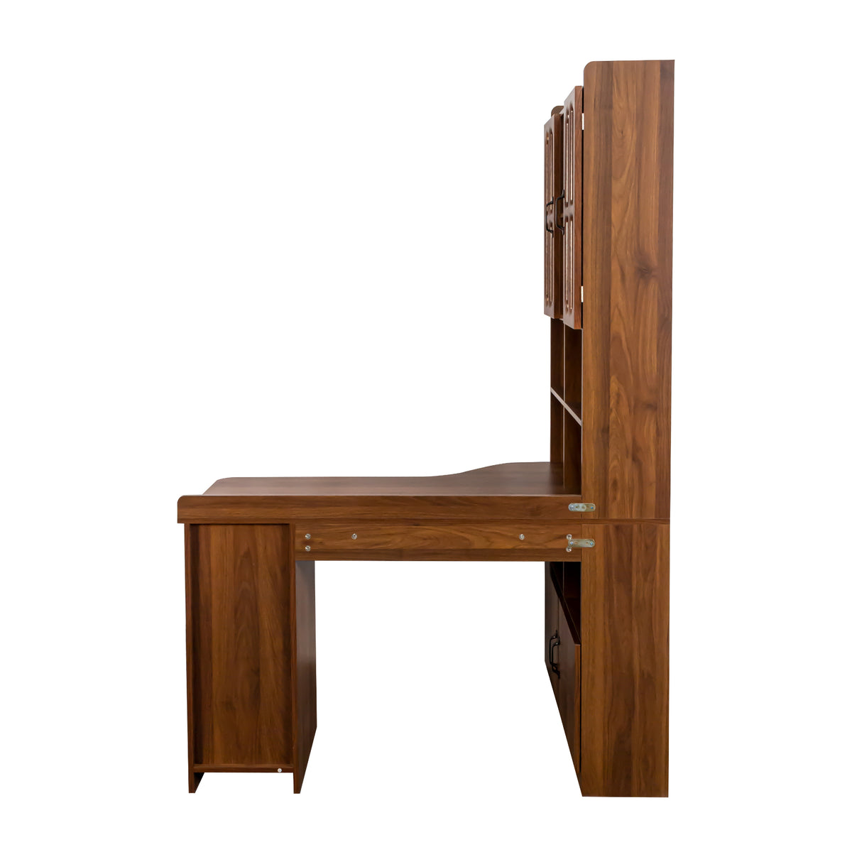L-shaped corner desk with oak veneer finish and hutch from Anthony & Home, featuring ample workspace and storage.