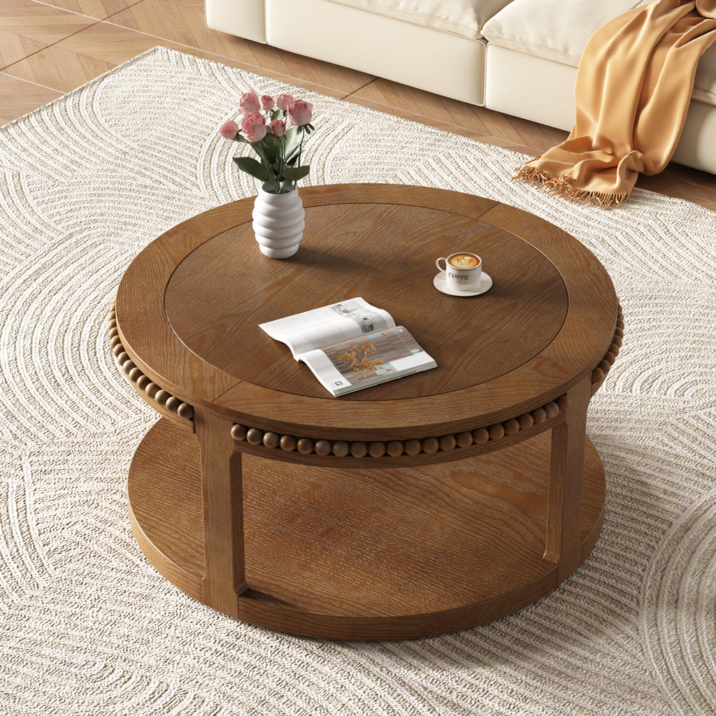 Anthony & Home Studio Walnut round coffee table with two tiers, solid wood construction and modern design.