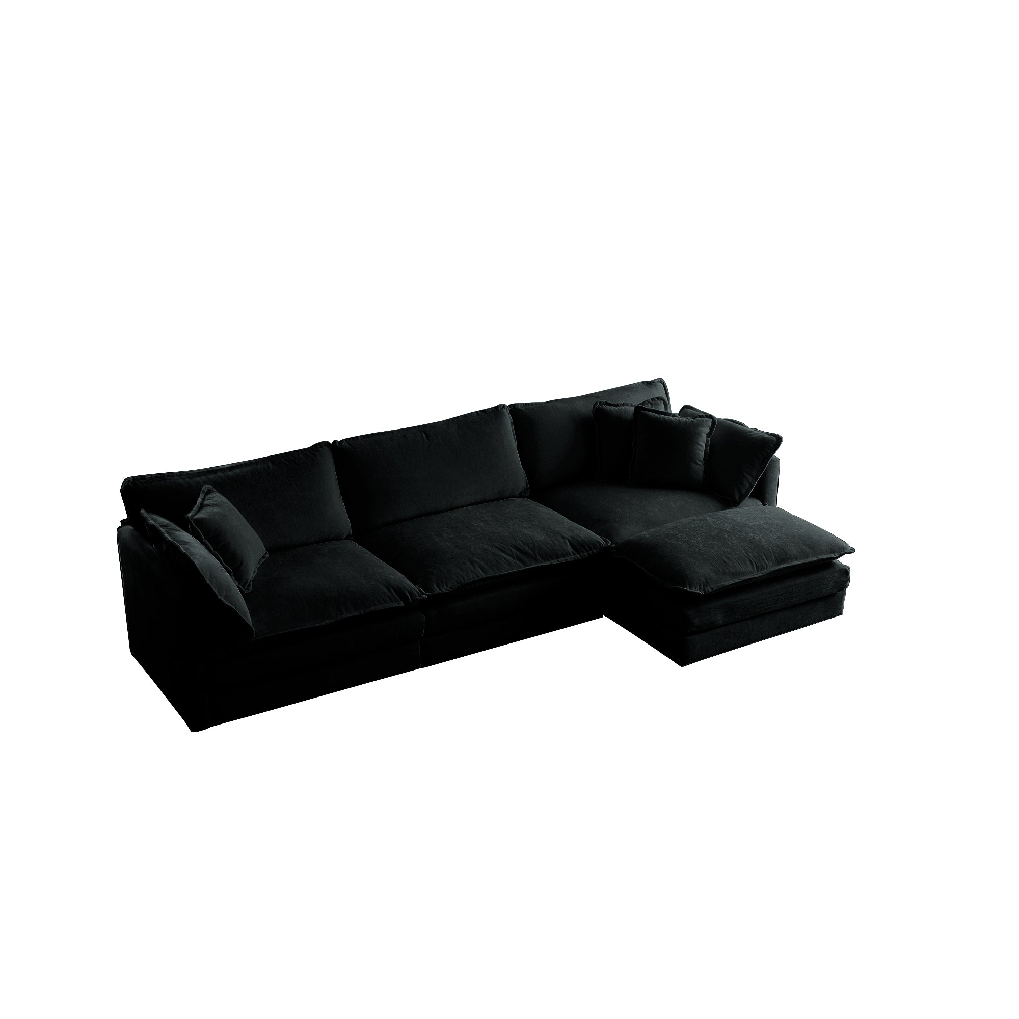 Black chenille oversized L-shaped sectional sofa with reversible ottoman, modular design by Anthony & Home.