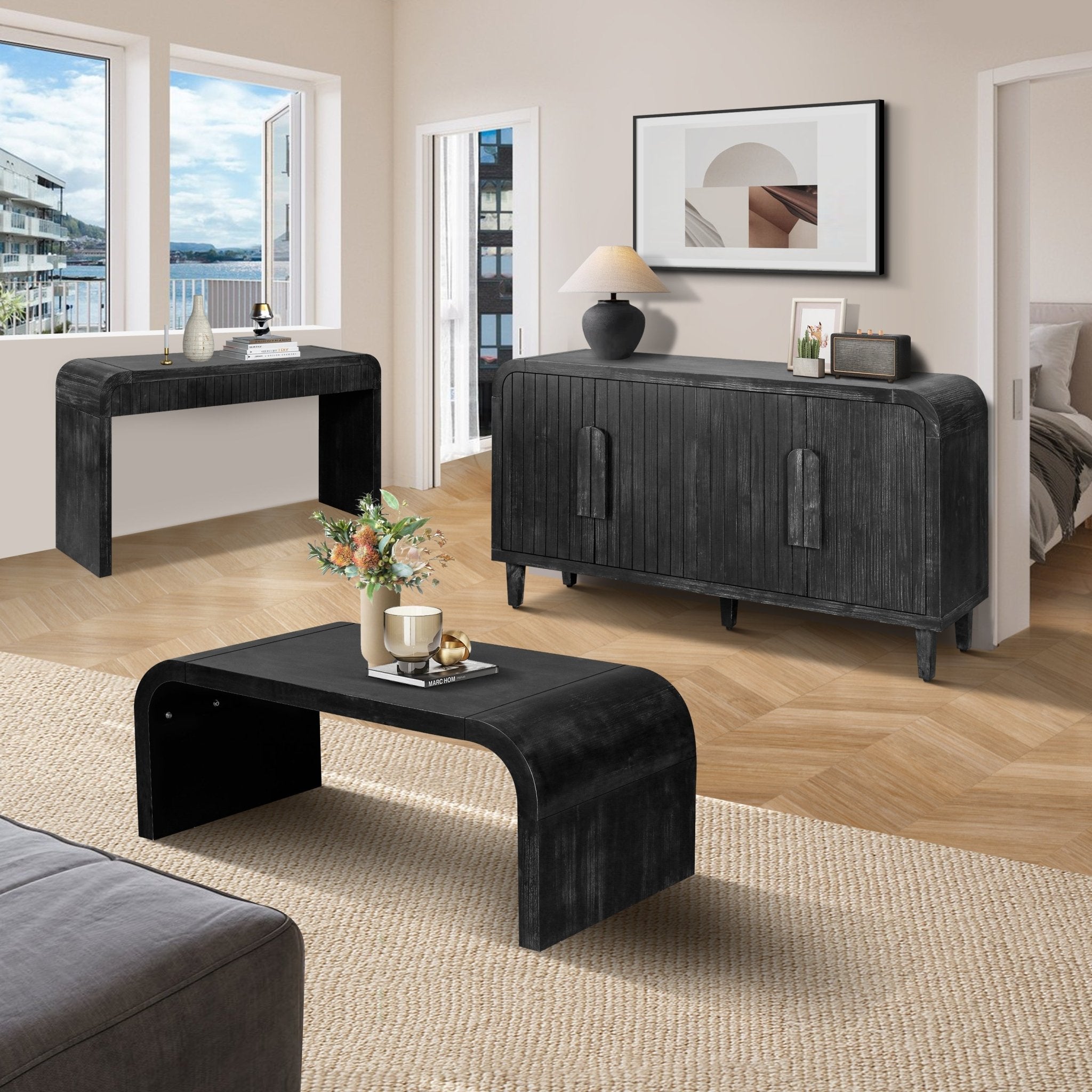 Antique black limited edition console table by Anthony & Home with sleek design and elegant finish, shown in a modern living space.