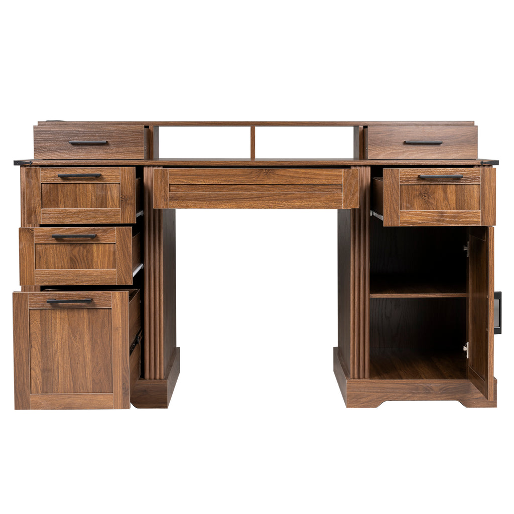 Anthony & Home farmhouse office desk with dark walnut finish, barn door, built-in charging station, and monitor stand.
