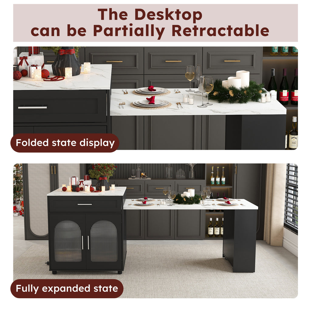 Black Expandable Kitchen Island with Marble - Grain Countertop, Power Outlet, Mobile Storage Cart with Cabinet & 2 Drawers, 80 - Inch Dining Table - Anthony & Home