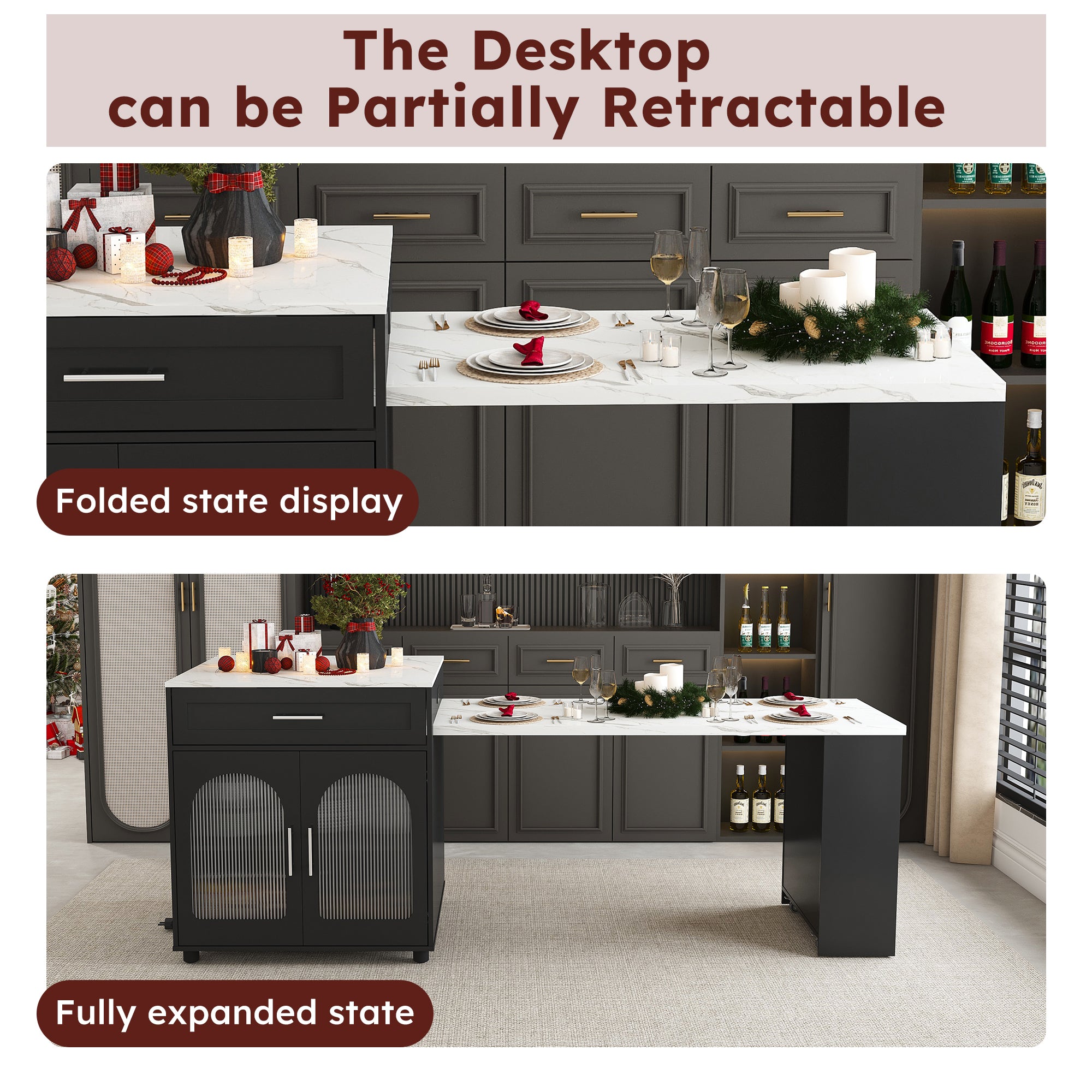 Black Expandable Kitchen Island with Marble - Grain Countertop, Power Outlet, Mobile Storage Cart with Cabinet & 2 Drawers, 80 - Inch Dining Table - Anthony & Home