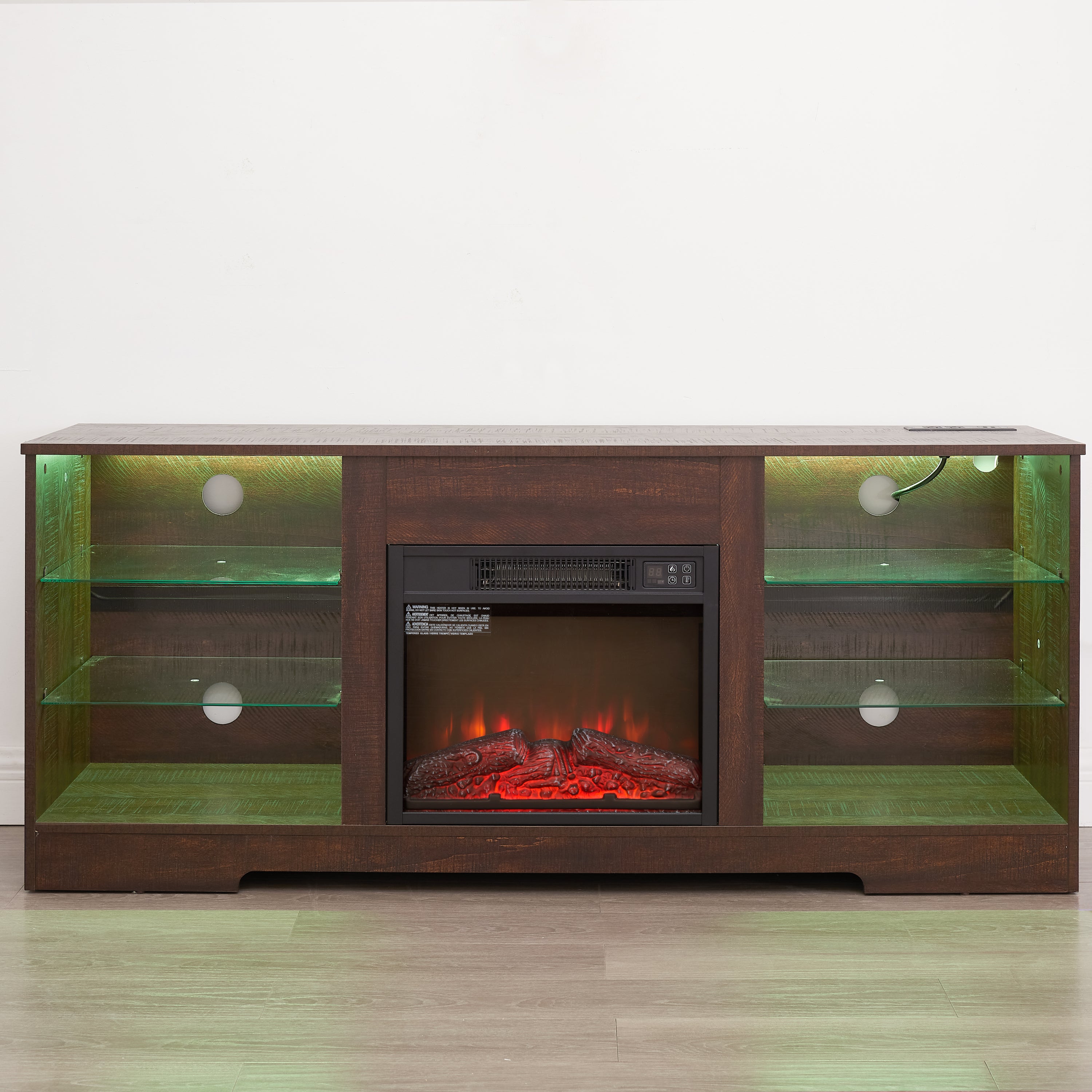 Anthony & Home electric fireplace TV stand with glass shelves, LED lighting, USB outlet, in Studio Collection style.