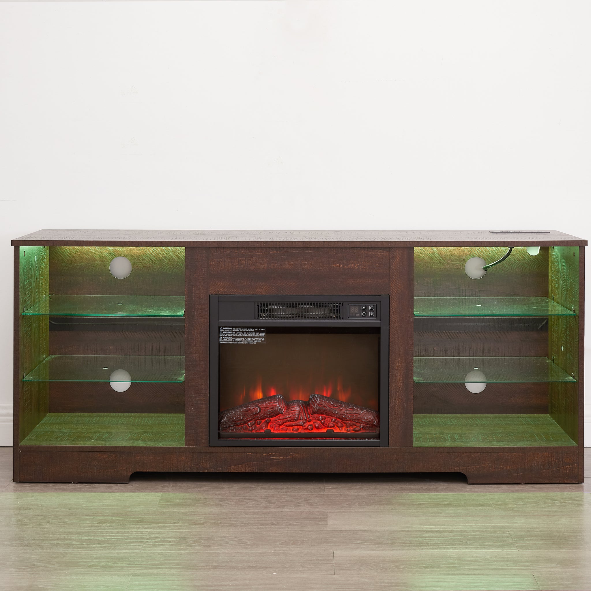 Anthony & Home electric fireplace TV stand with glass shelves, LED lighting, USB outlet, in Studio Collection style.
