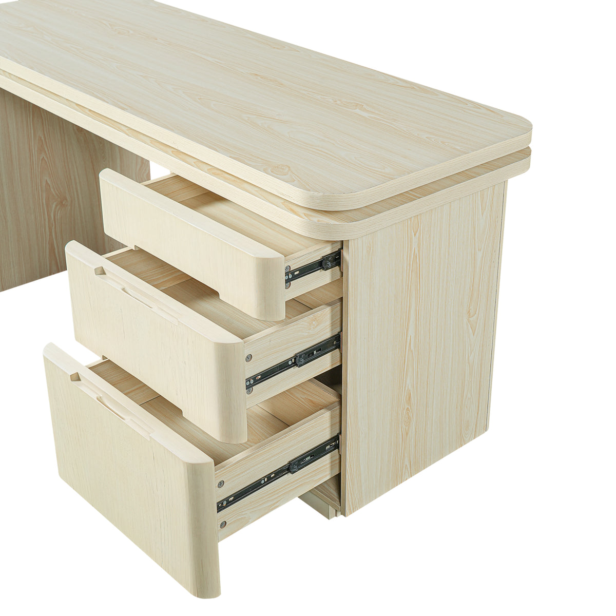 Anthony & Home Atelier 90-Inch natural wood L-shaped desk with spacious workspace and modern design.