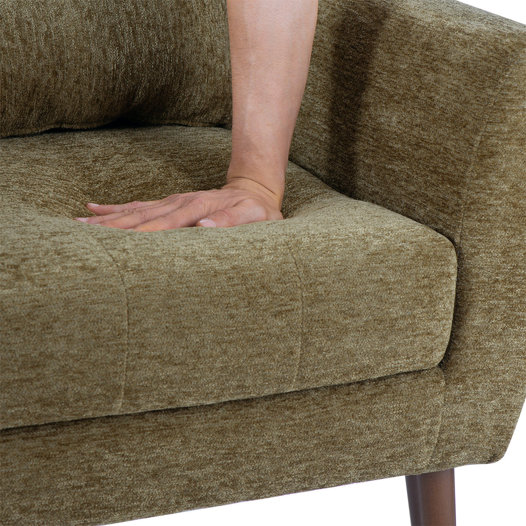 Olive green chenille accent chair with solid wood legs by Anthony & Home, showcasing plush upholstery and stylish design.