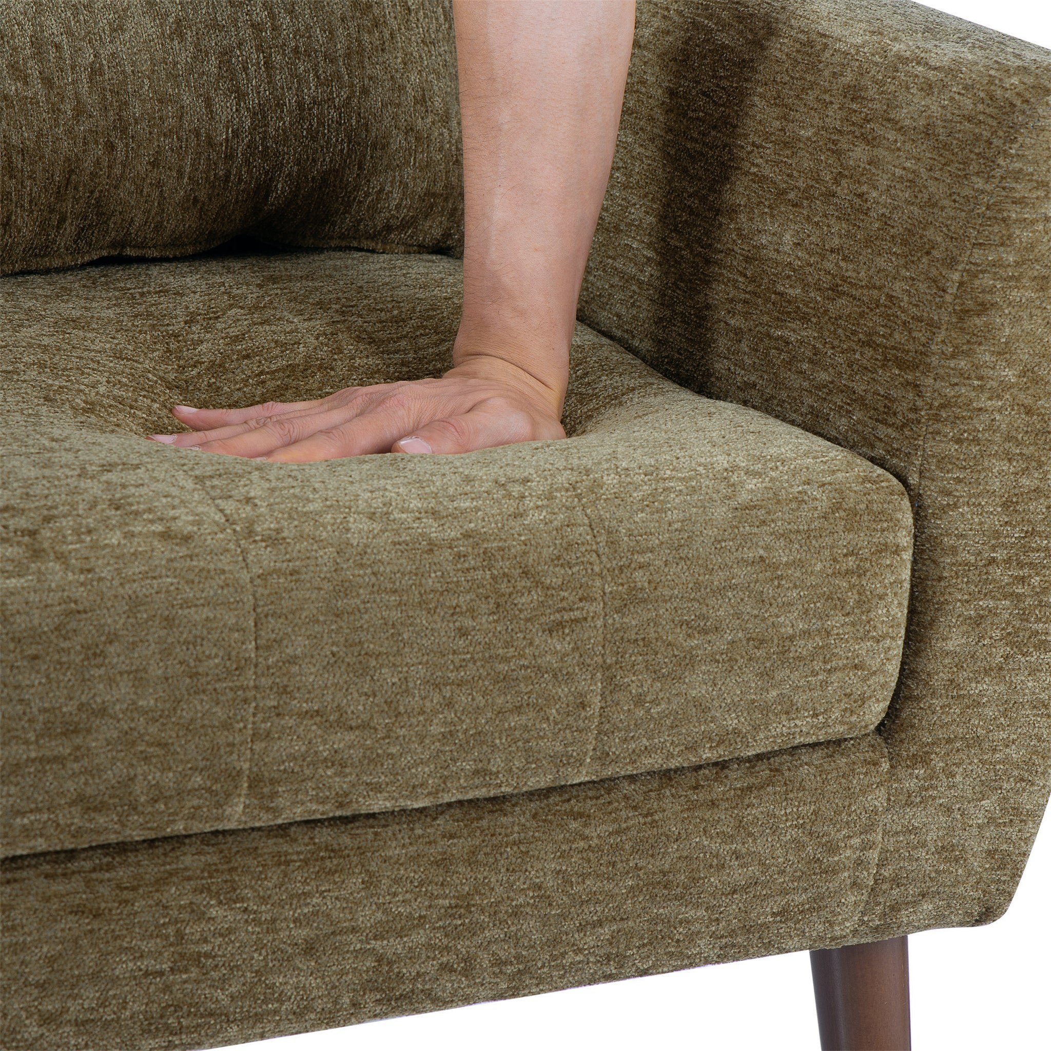Olive green chenille accent chair with solid wood legs by Anthony & Home, showcasing plush upholstery and stylish design.