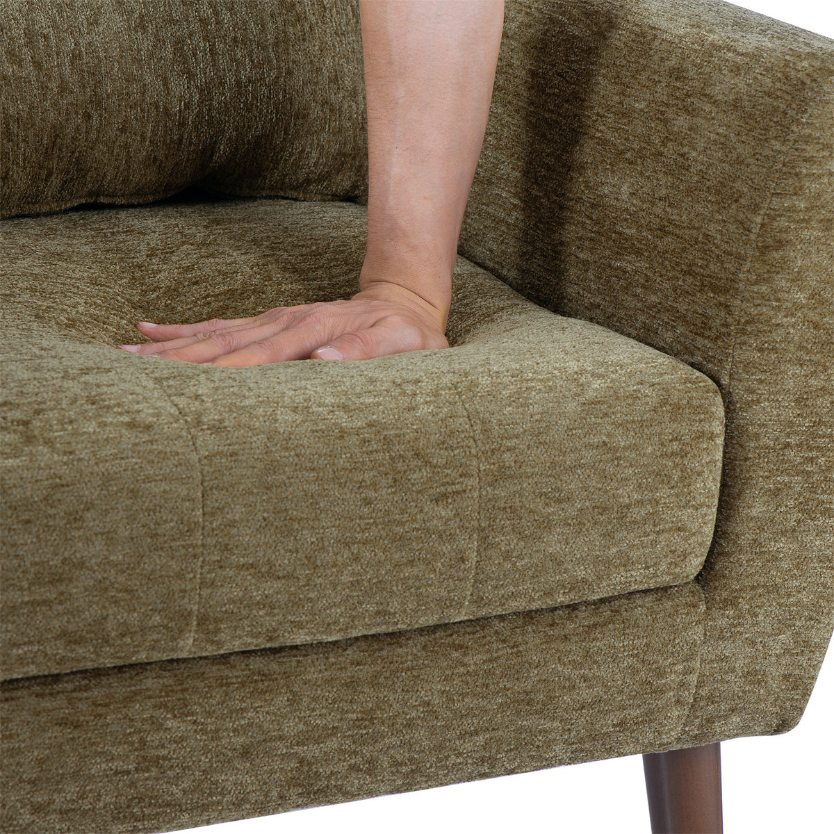 Olive green chenille accent chair with solid wood legs by Anthony & Home, showcasing plush upholstery and stylish design.