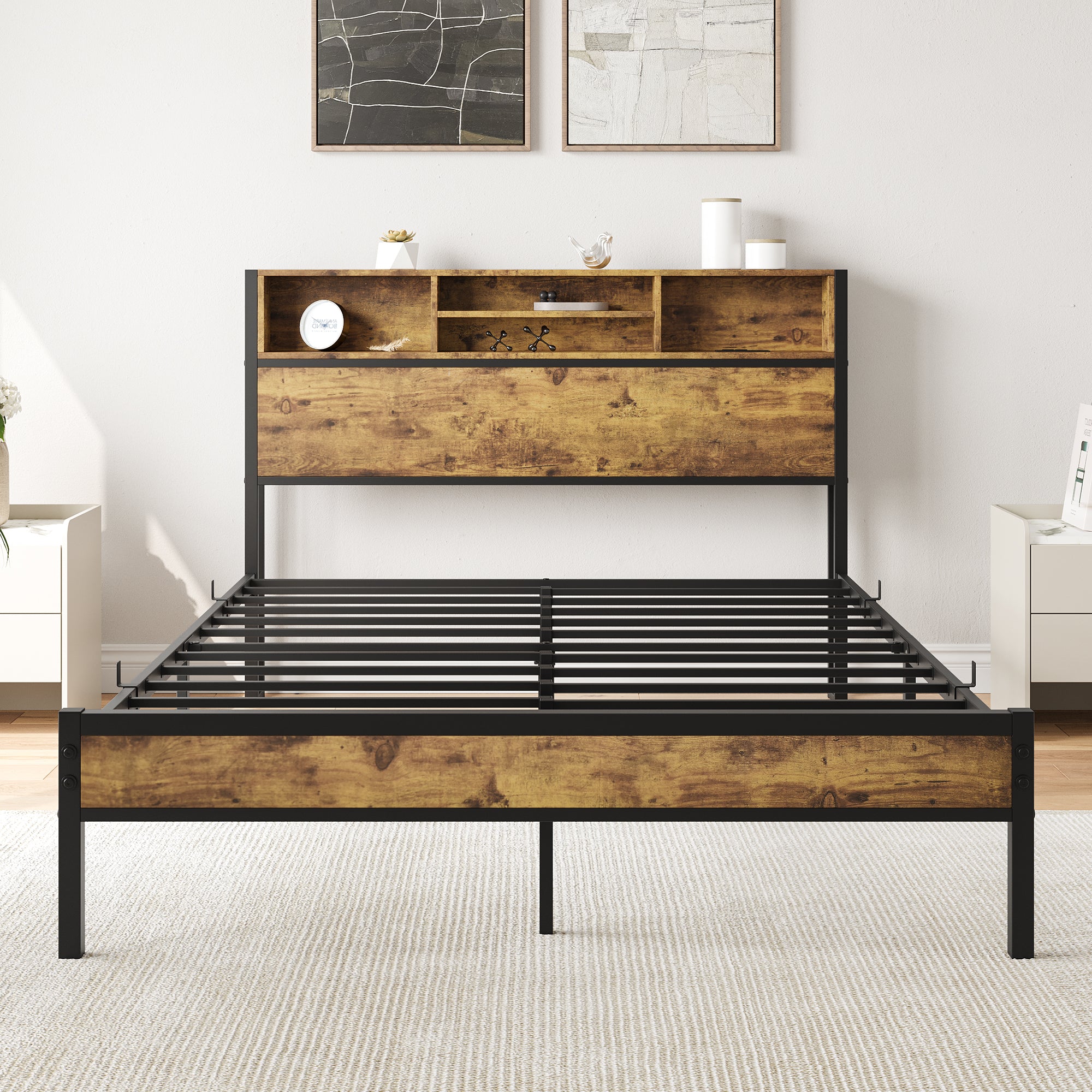 Full-size Iron-Frame Bed Frame with Storage from Anthony & Home, featuring a sturdy iron construction and integrated storage drawers.