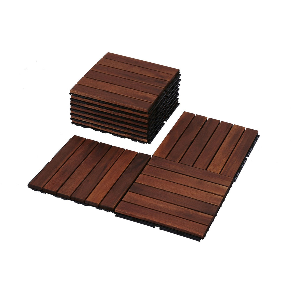Anthony & Home Acacia Studio interlocking deck tiles with striped pattern, 12-inch size, for outdoor patio or balcony flooring.