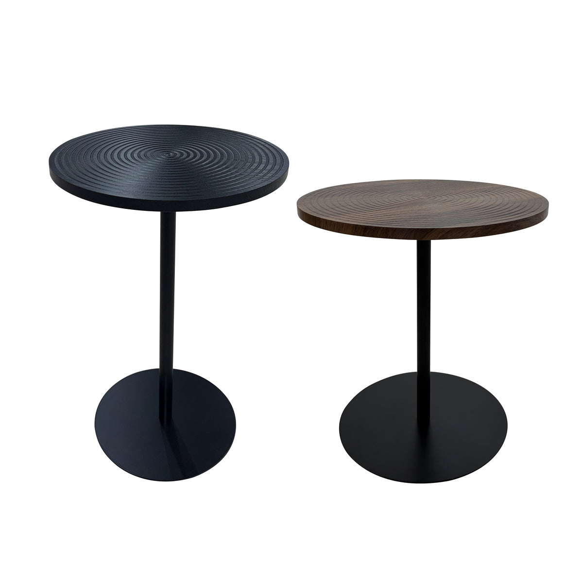Set of 2 walnut round side tables with black metal pedestal bases featuring concentric design, part of the Atelier Collection by Anthony & Home.