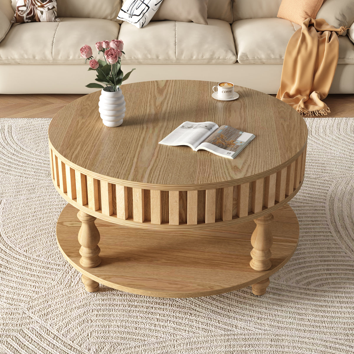 Mid-century fluted coffee table with storage in natural oak finish from Anthony & Home Atelier Collection.