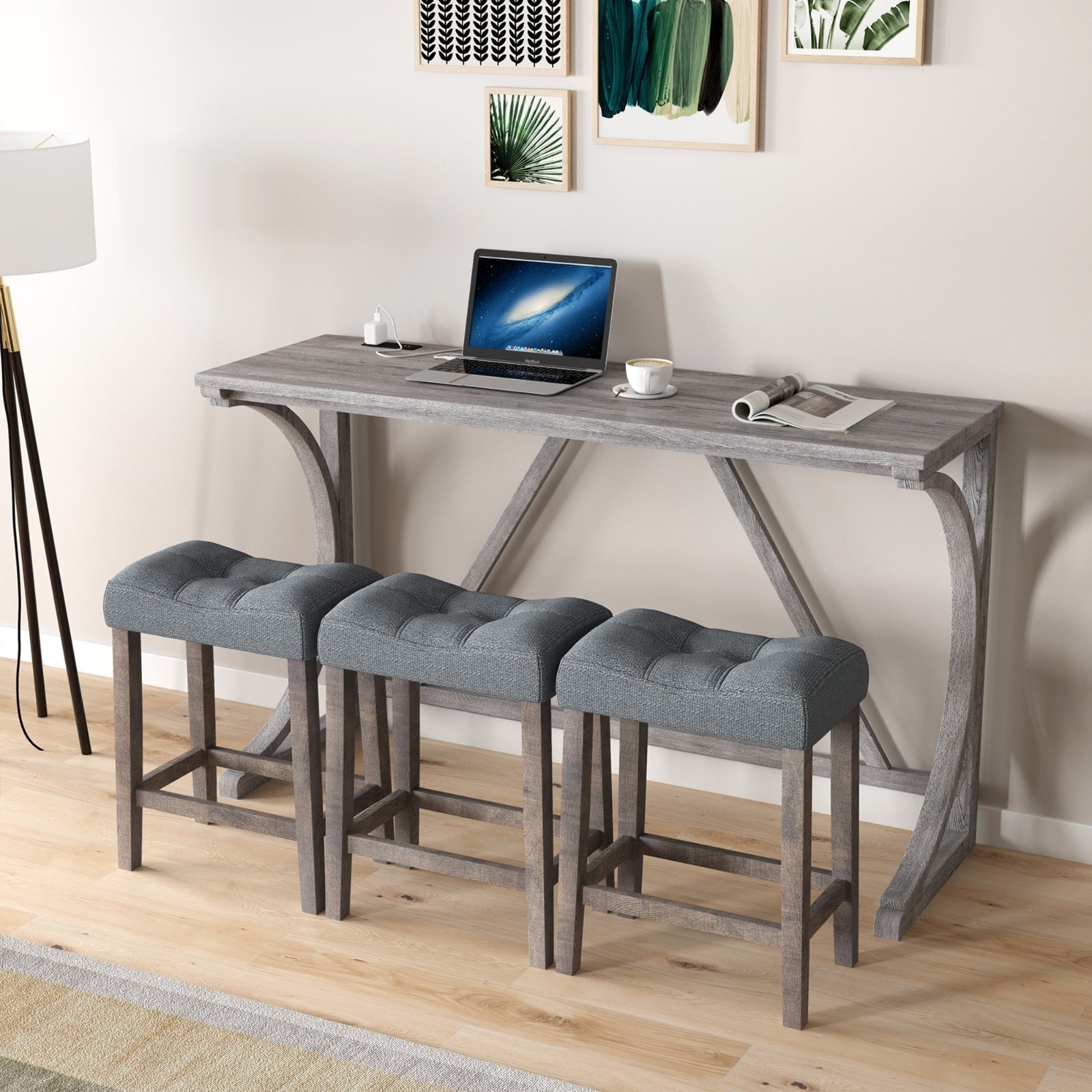 Gray Industrial Bar Table Set With Power Outlet And Chairs