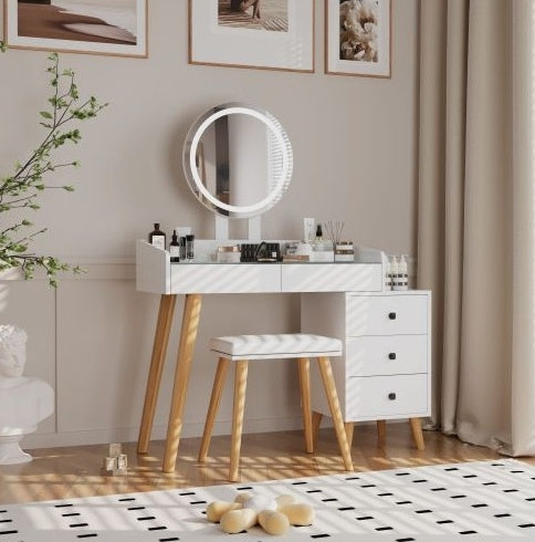 Dressing Table With LED Lights Glass Top 5 Drawers Mirror
