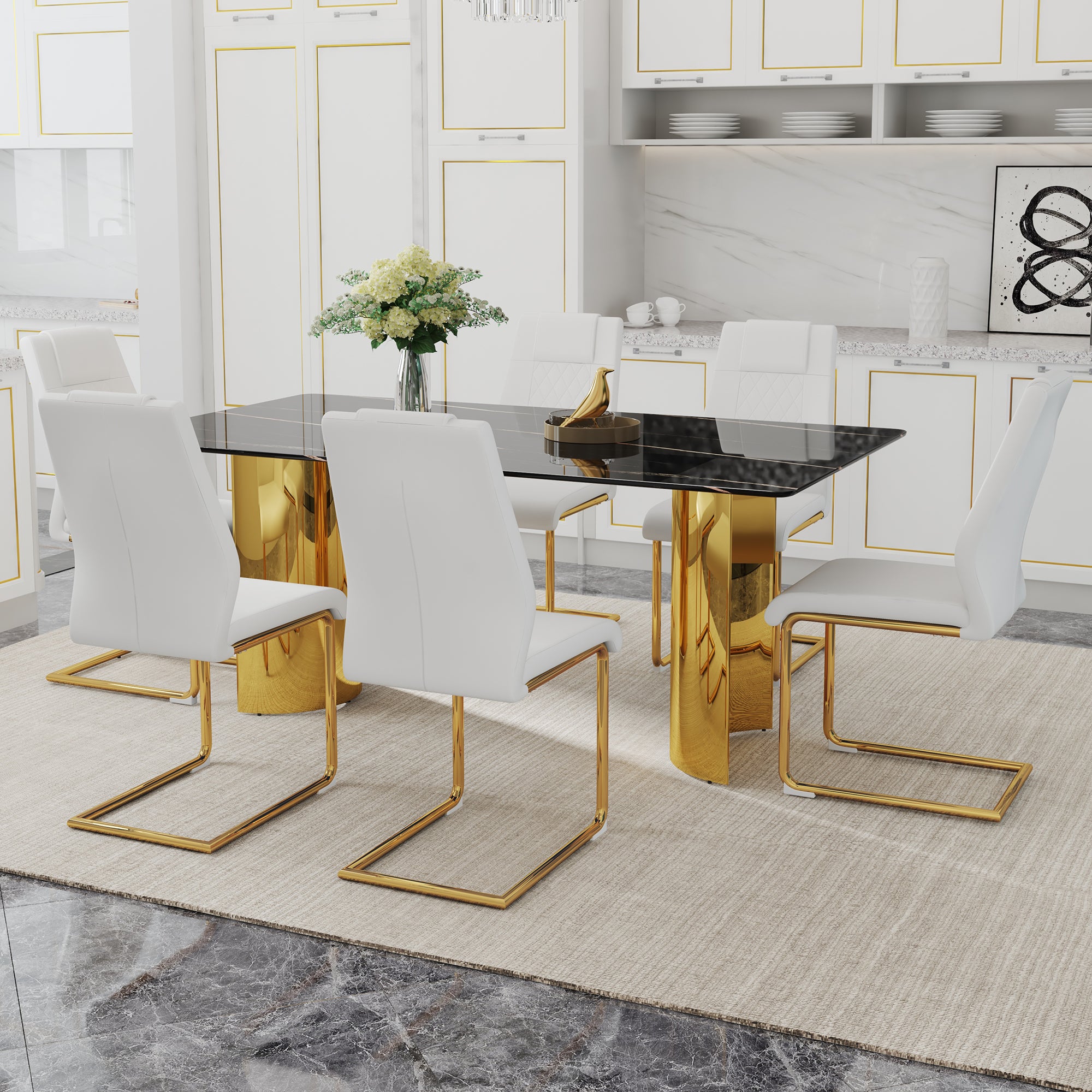 Heritage Gold glass dining table set with six chairs by Anthony & Home, featuring a sleek glass top and elegant gold accents.