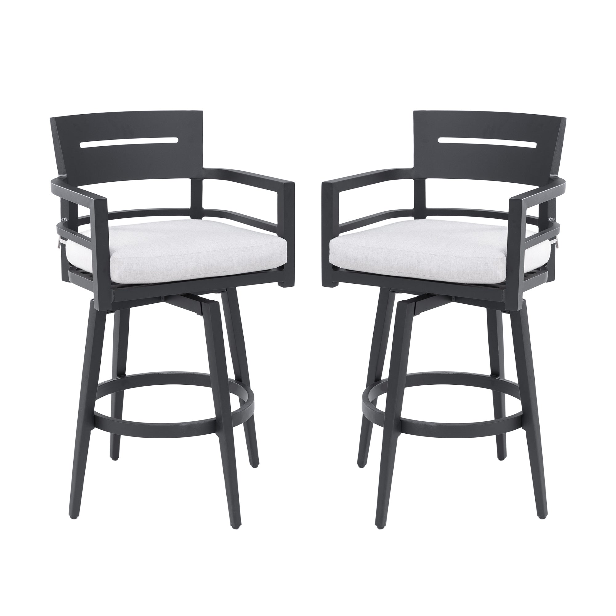 Anthony & Home Ember black aluminum swivel bar chairs with Sunbrella cushions, featuring modern design and comfortable seating.