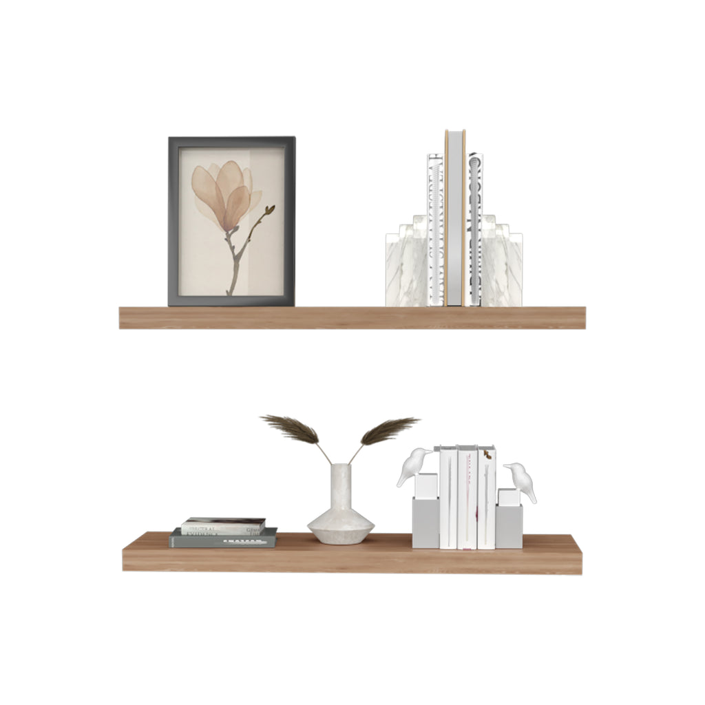 Set of two 31.5-inch walnut finish floating shelves by Anthony & Home, showcasing modern wall-mounted storage with wood grain detail.