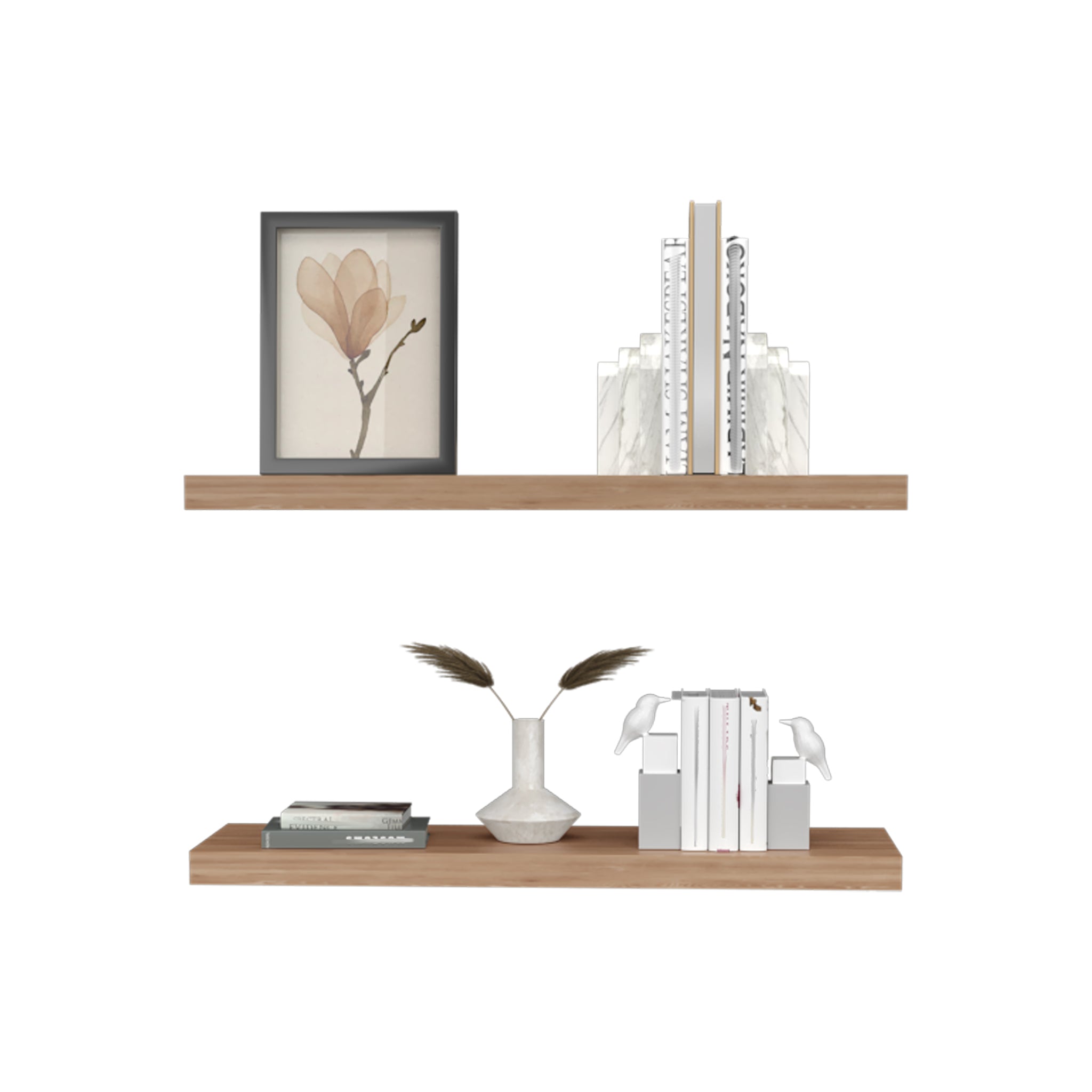Set of two 31.5-inch walnut finish floating shelves by Anthony & Home, showcasing modern wall-mounted storage with wood grain detail.