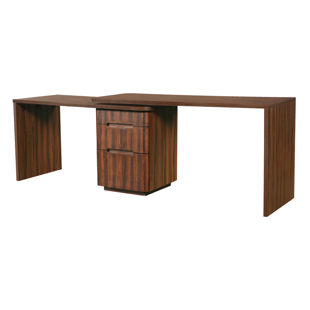 Walnut L-shaped desk with 3 drawers and 360° rotation from Anthony & Home, showcasing a modern, versatile office workspace.