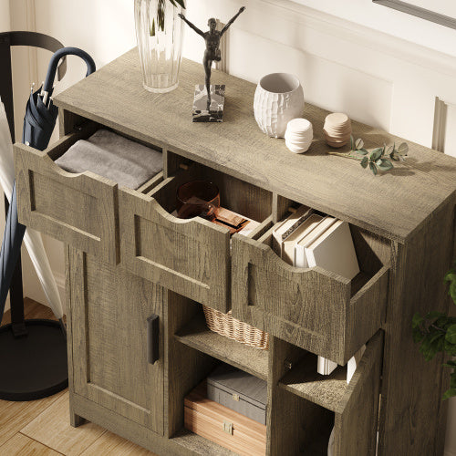 Gray Wooden Floor Cabinet With Drawers And Shelves Storage