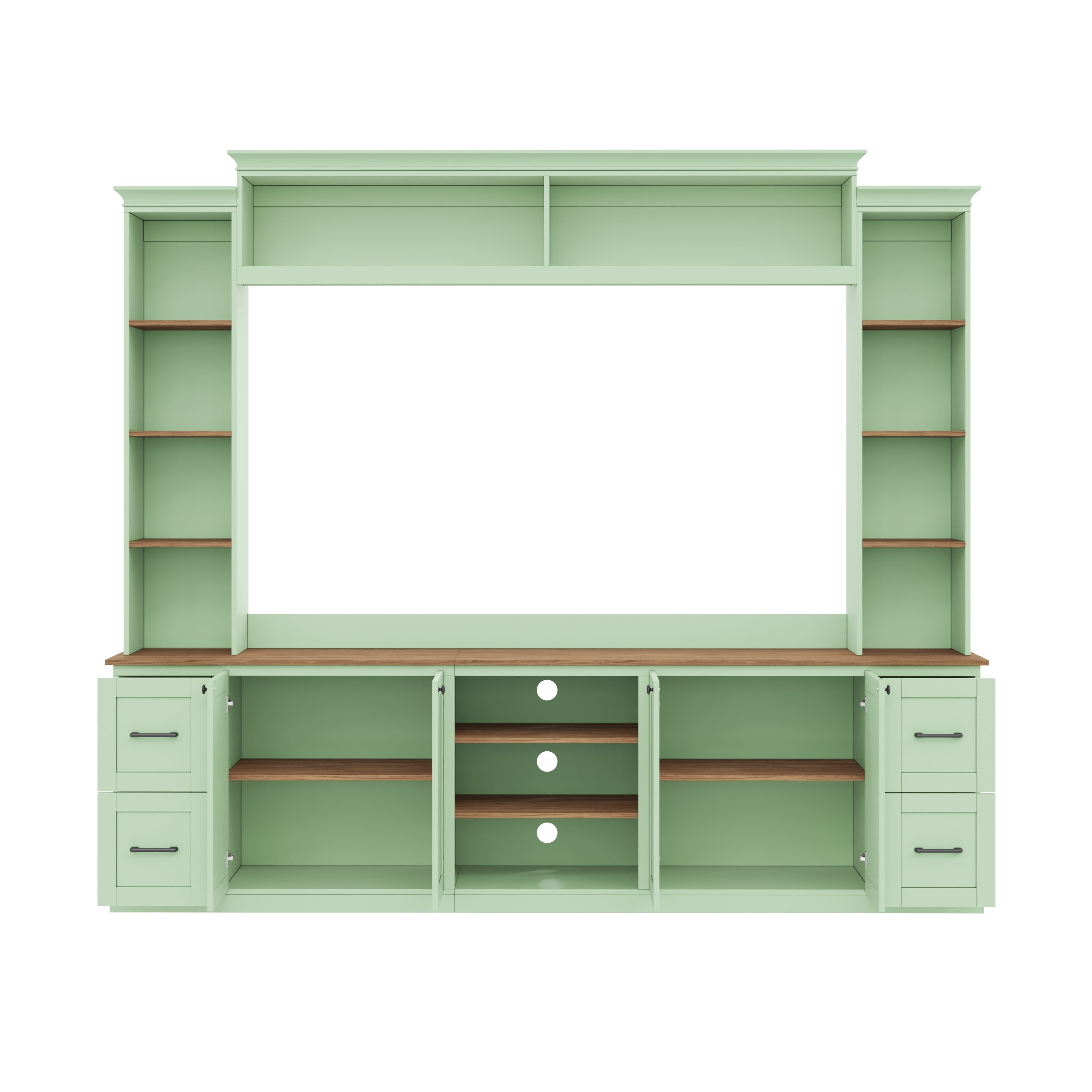 Walnut-accented mint green entertainment console by Anthony & Home with sleek modern design and ample storage space.