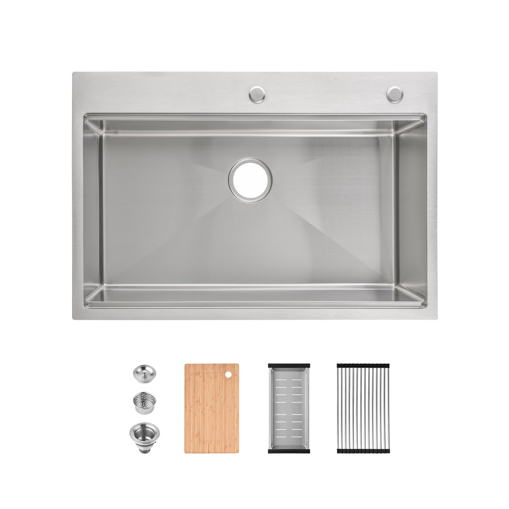 Anthony & Home Signature brushed stainless steel kitchen sink with a single bowl, modern and durable design, shown from a front view.
