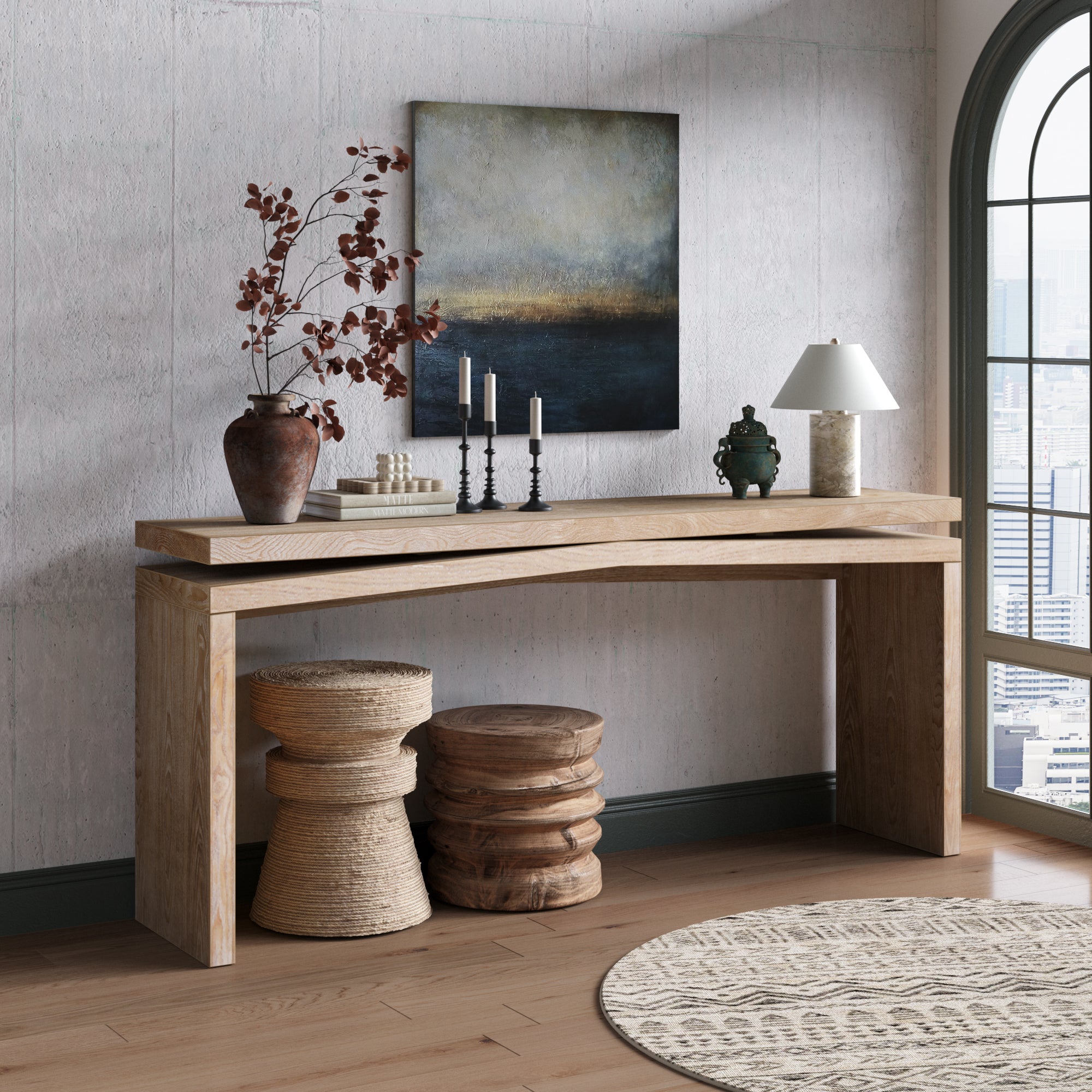 Heritage Rustic Solid Wood Veneer Console Table by Anthony & Home with a natural wood finish and sleek design.
