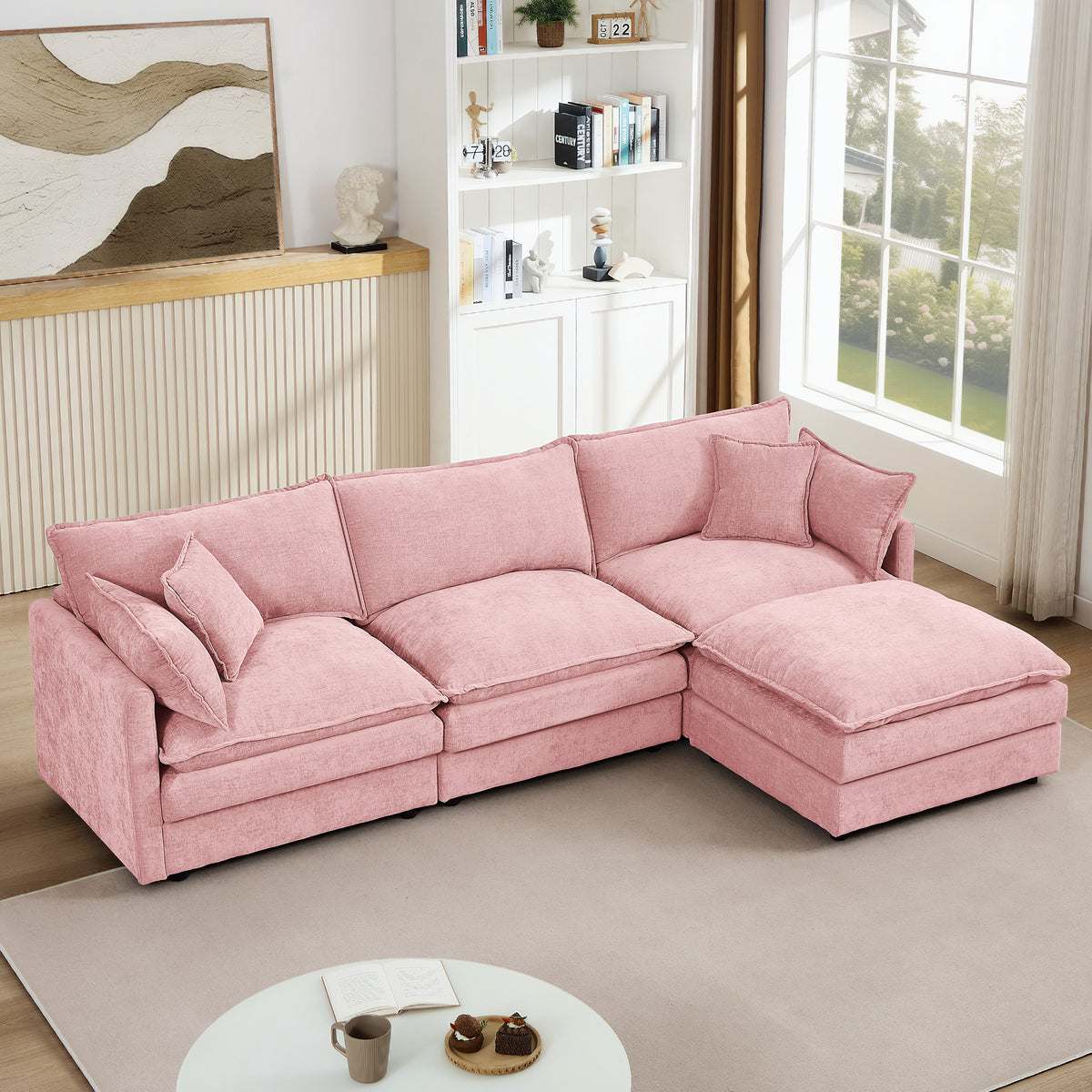 Anthony & Home chenille modular sectional sofa, 102-inch L-shaped with movable ottoman in a modern living room setting