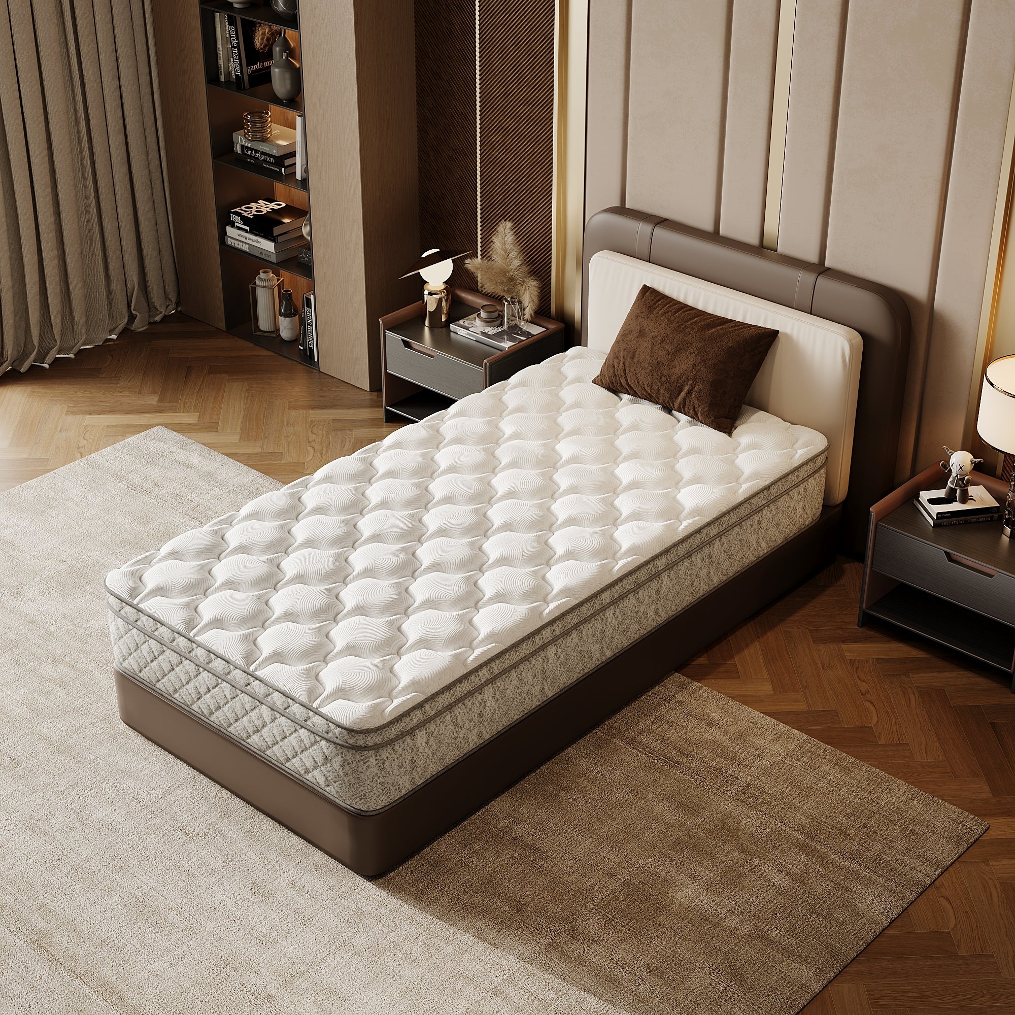 Twin size Anthony & Home memory foam hybrid mattress with pocket springs and zoned support, shown with a neutral bedroom setting.