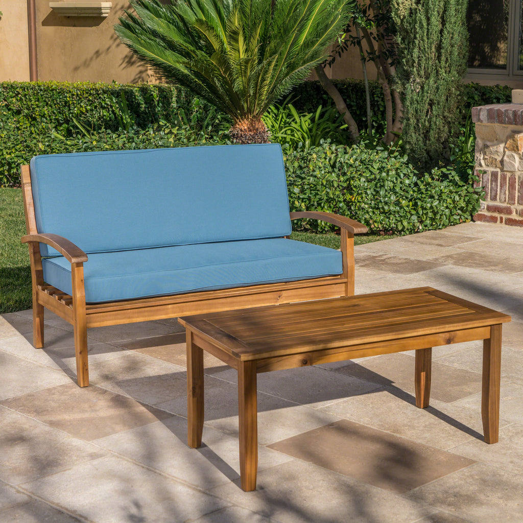 Anthony & Home teak outdoor chat set with loveseat and coffee table from the Atelier Collection, handcrafted finish, stylish patio furniture