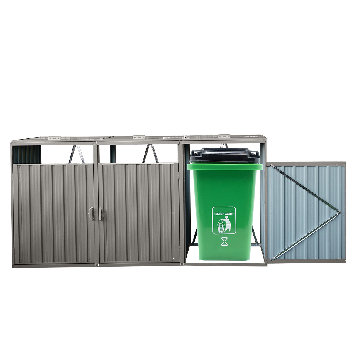 Anthony & Home galvanized steel trash bin shed with three grey cans, designed for outdoor waste storage.