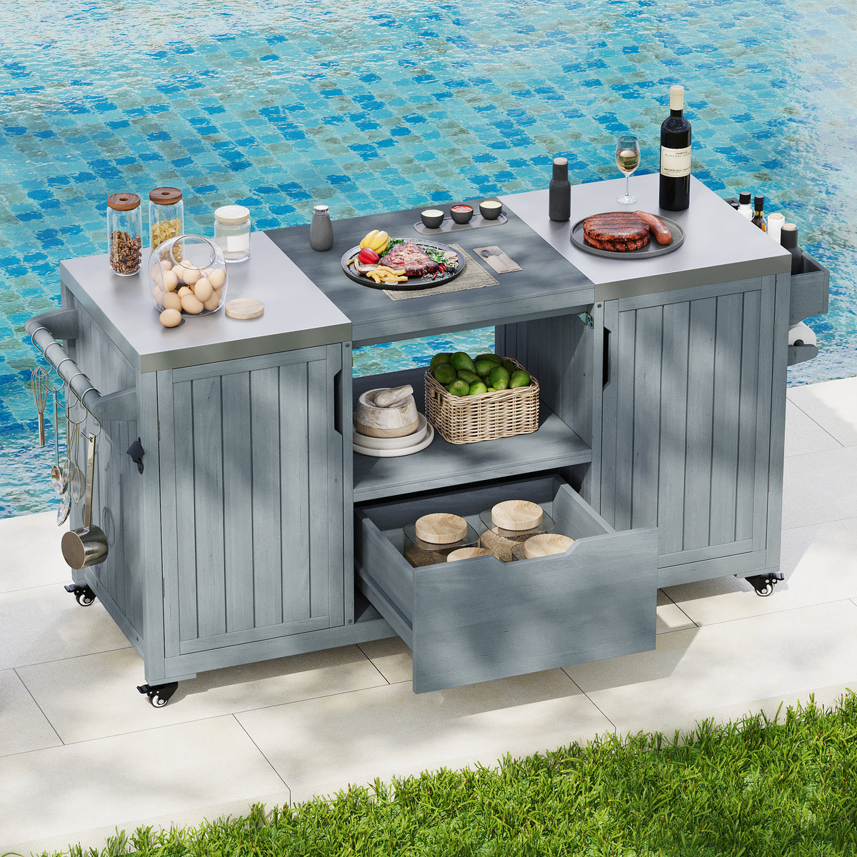 Solid wood outdoor kitchen island with storage for Big Green Egg, designed by Anthony & Home, featuring a sturdy, natural wood finish.