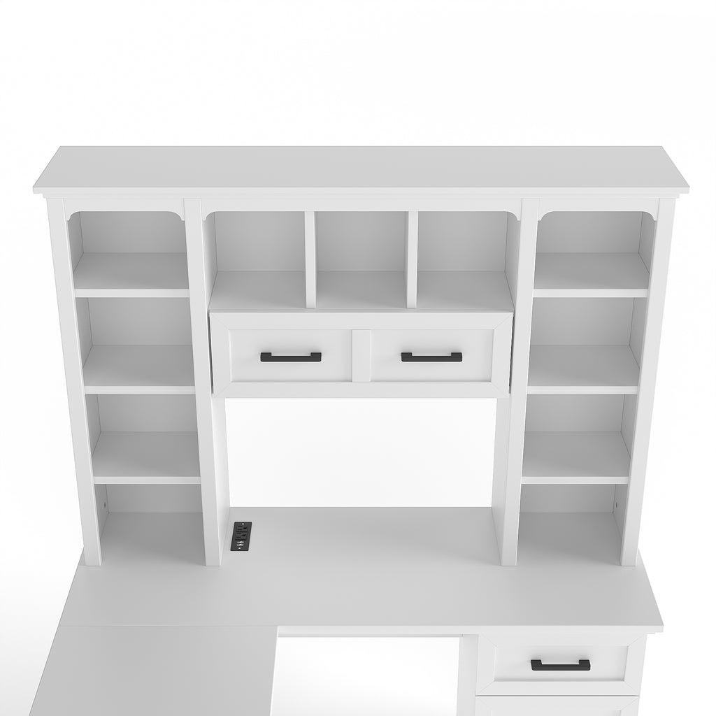 White matte finish L-shaped desk with cabinets and shelving from Anthony & Home Signature Collection, showcasing a modern office workspace.