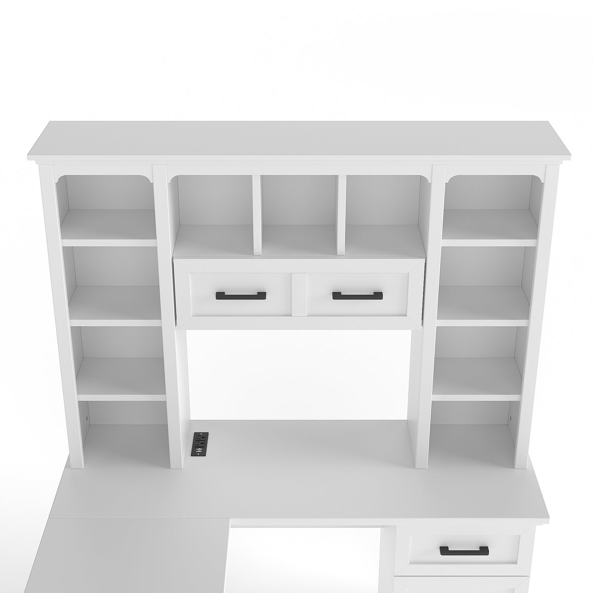 White matte finish L-shaped desk with cabinets and shelving from Anthony & Home Signature Collection, showcasing a modern office workspace.