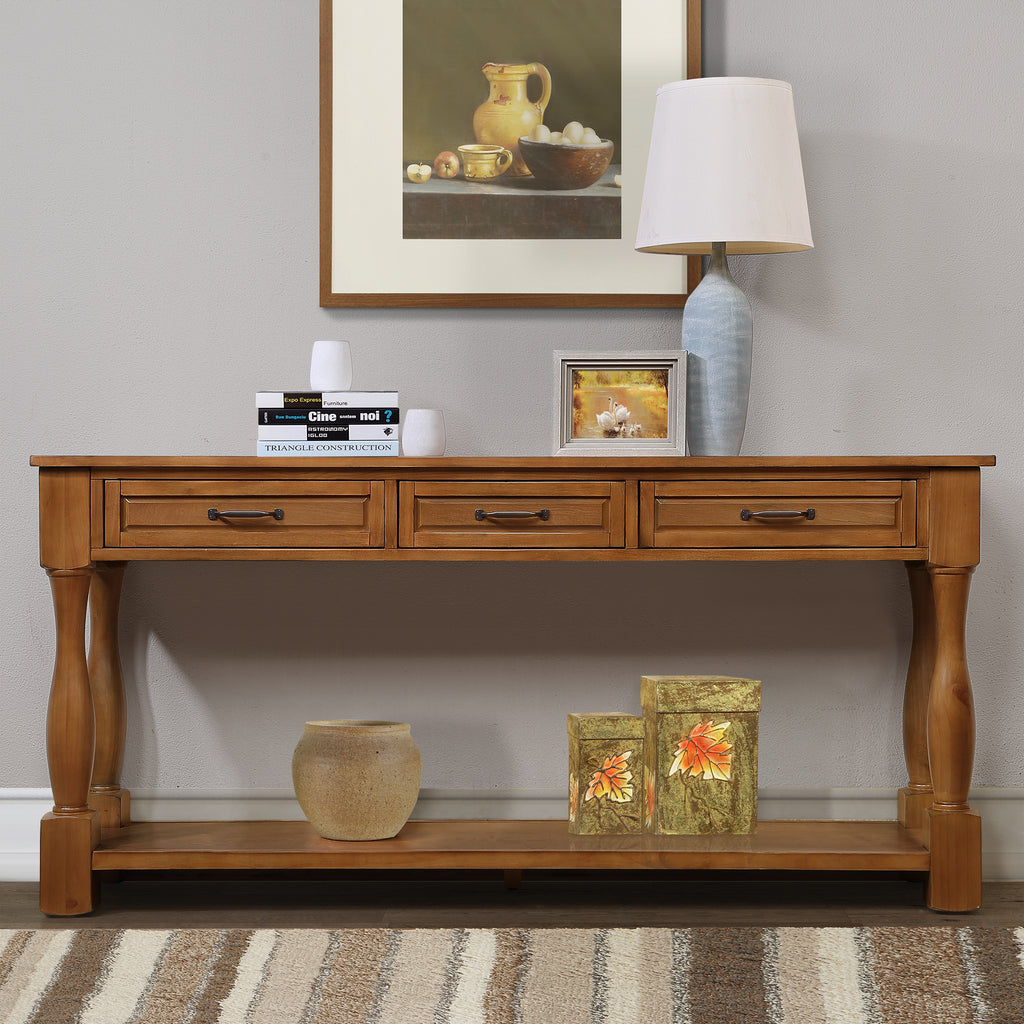 Anthony & Home Signature Brown 63-inch console table with three drawers, showcasing a stylish wooden design and functional storage.